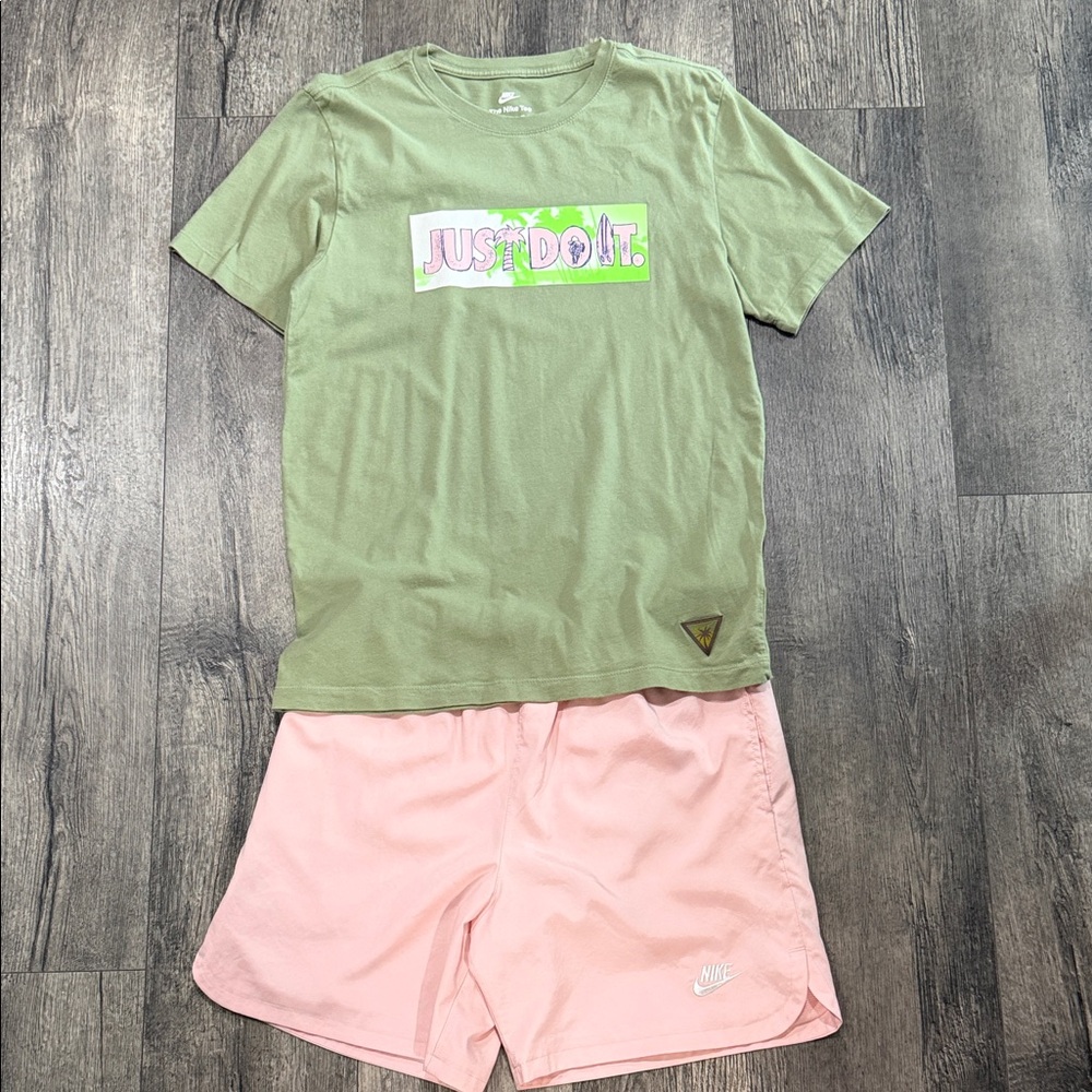 Nike 'Just Do It' Olive Green Graphic Tee & Pink Shorts Set
